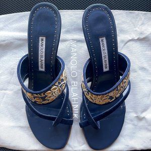 Manolo Blahnik Navy Blue & Gold Brocade - Kitten Heel Sandals